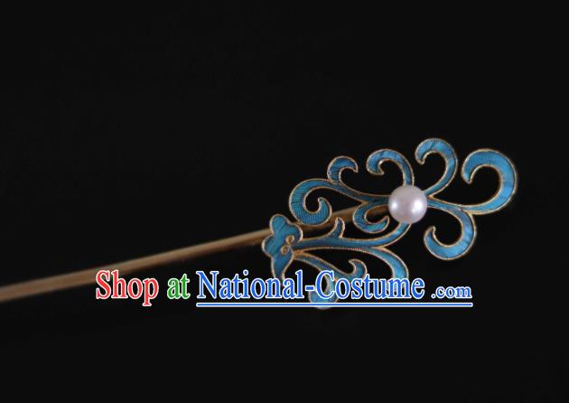 Handmade China Traditional Qing Dynasty Pearl Hair Accessories Blueing Hair Stick Ancient Court Lady Hairpin