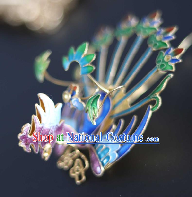 Handmade China Ancient Court Lady Blueing Phoenix Hairpin Traditional Qing Dynasty Hair Accessories Hair Crown