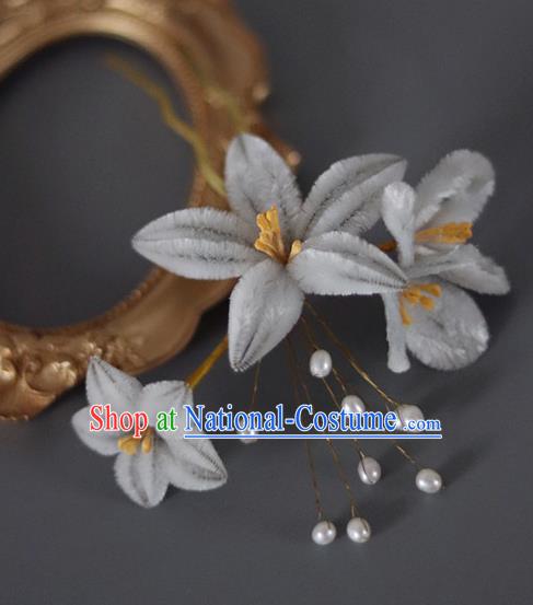 Handmade China Ancient Court Lady Grey Velvet Flowers Hairpin Traditional Qing Dynasty Hair Accessories Palace Hair Stick