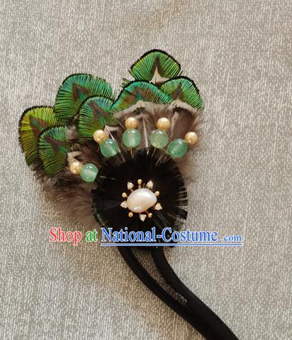 China Classical Cheongsam Green Feather Hairpin Traditional Hanfu Hair Accessories Handmade Ebony Hair Stick