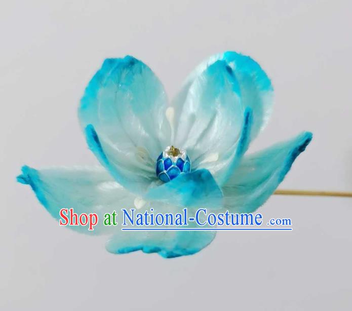 China Traditional Ancient Court Cloisonne Lotus Hairpin Classical Hanfu Blue Velvet Hair Stick