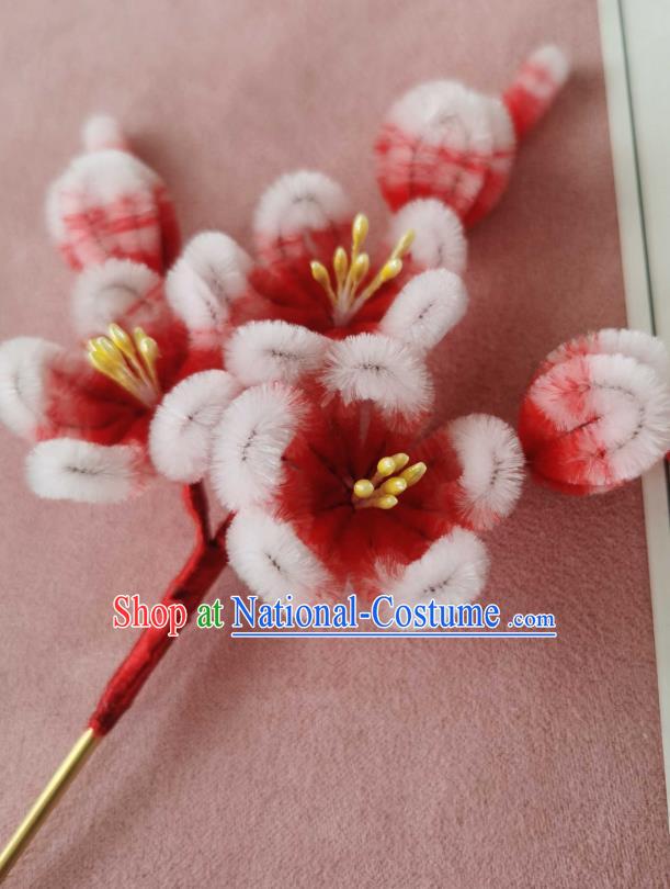 China Classical Hanfu Velvet Hair Stick Traditional Ancient Court Red Plum Blossom Hairpin