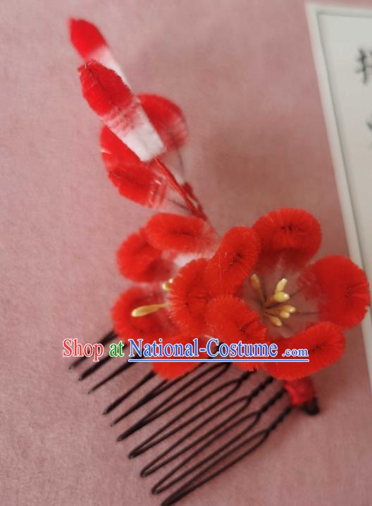 China Classical Hanfu Red Velvet Hair Comb Traditional Ancient Court Plum Blossom Hair Stick