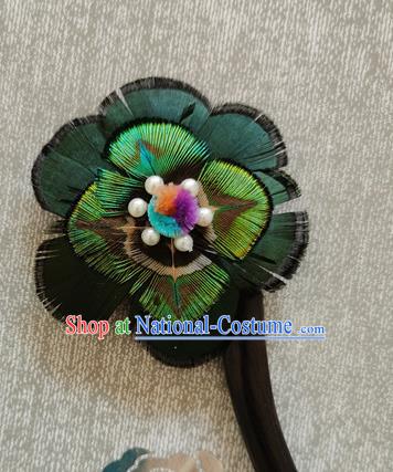 China Handmade Ebony Hair Stick Traditional Hanfu Hair Accessories Classical Cheongsam Peacock Feather Hairpin