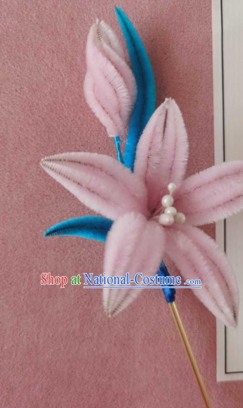 China Classical Hanfu Pink Velvet Lily Flower Hair Stick Traditional Ancient Court Lady Hairpin