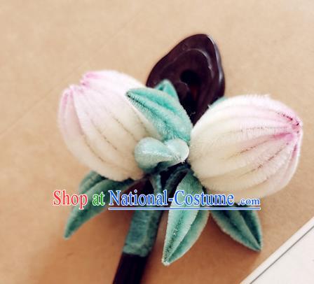 China Classical Hanfu Velvet Peach Hair Stick Traditional Ancient Court Lady Ebony Hairpin