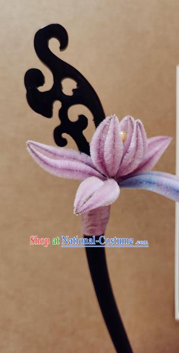 China Classical Hanfu Pink Velvet Orchids Hair Stick Traditional Ancient Court Lady Ebony Pearls Hairpin