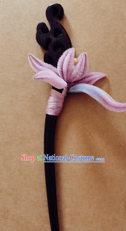 China Classical Hanfu Pink Velvet Orchids Hair Stick Traditional Ancient Court Lady Ebony Pearls Hairpin