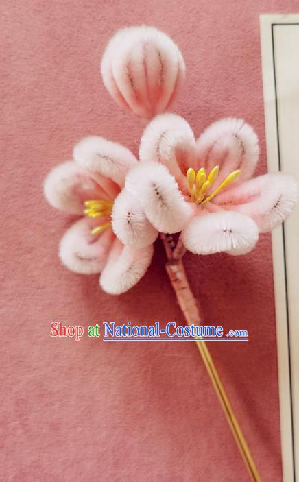 China Classical Hanfu Pink Velvet Plum Blossom Hair Stick Traditional Ancient Court Lady Flowers Hairpin