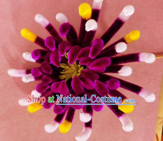 China Classical Hanfu Velvet Hairpin Traditional Ancient Court Lady Purple Chrysanthemum Hair Stick