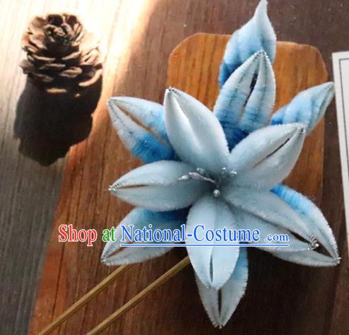 China Classical Hanfu Blue Velvet Hairpin Traditional Ancient Court Lady Orchids Hair Stick