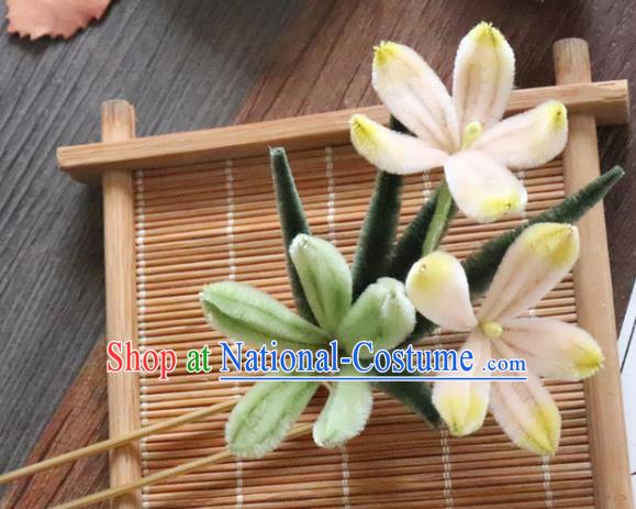 China Traditional Ancient Court Lady Hair Stick Classical Hanfu Green Velvet Orchids Hairpin