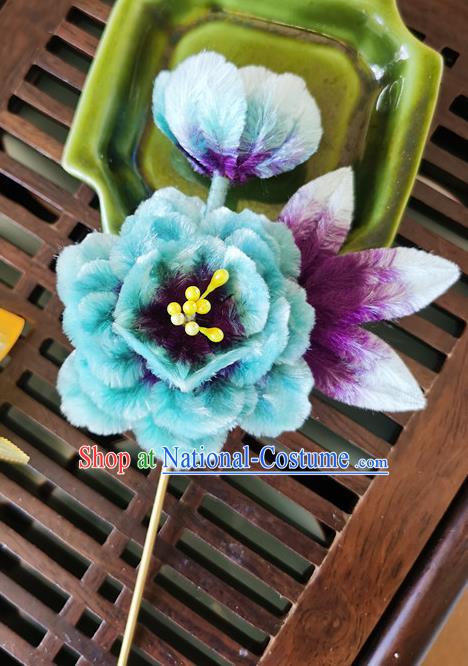 China Handmade Blue Flower Hair Stick Traditional Hanfu Hair Accessories Classical Cheongsam Velvet Peony Hairpin