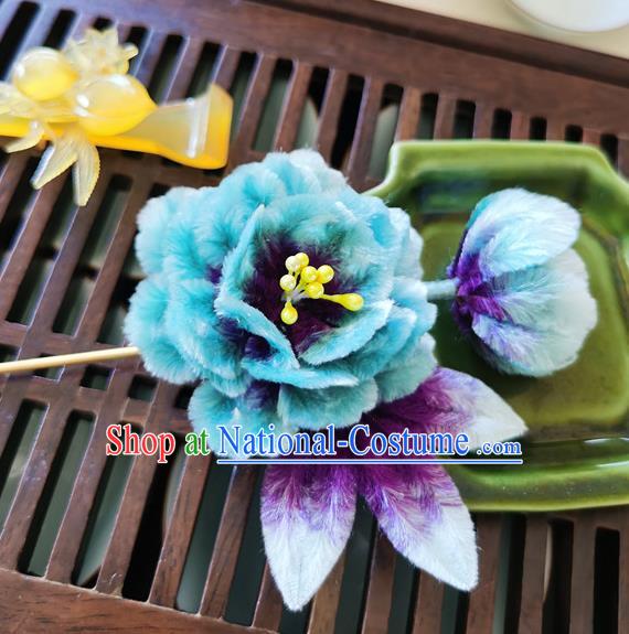 China Handmade Blue Flower Hair Stick Traditional Hanfu Hair Accessories Classical Cheongsam Velvet Peony Hairpin