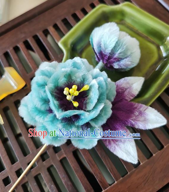 China Handmade Blue Flower Hair Stick Traditional Hanfu Hair Accessories Classical Cheongsam Velvet Peony Hairpin