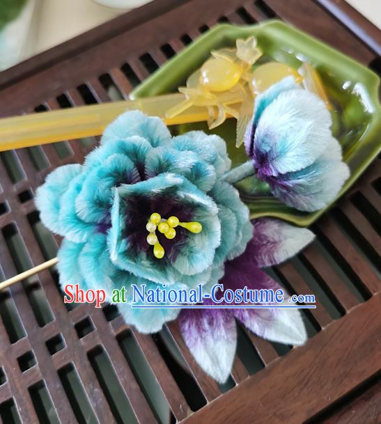 China Handmade Blue Flower Hair Stick Traditional Hanfu Hair Accessories Classical Cheongsam Velvet Peony Hairpin