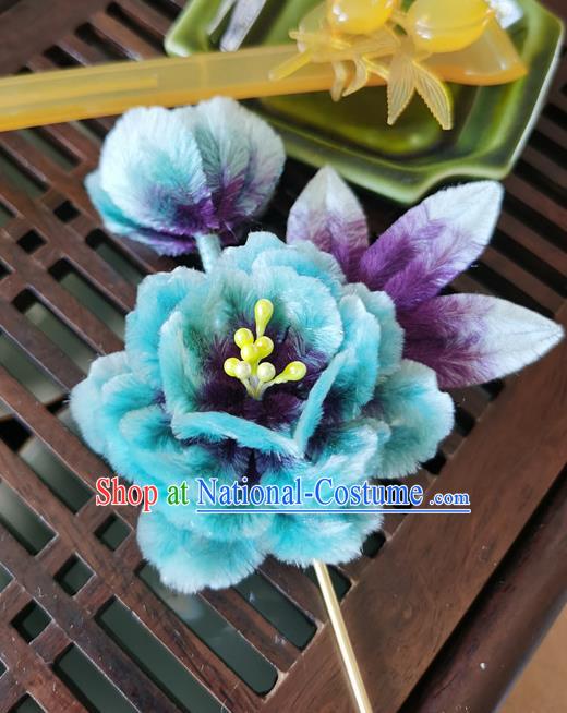 China Handmade Blue Flower Hair Stick Traditional Hanfu Hair Accessories Classical Cheongsam Velvet Peony Hairpin