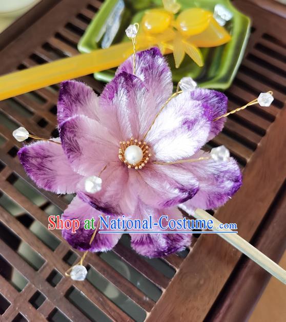 China Handmade Purple Hair Stick Traditional Hanfu Hair Accessories Classical Cheongsam Velvet Lotus Hairpin