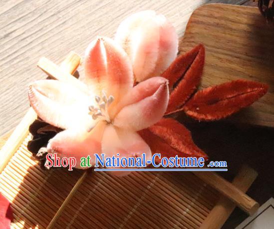 China Traditional Ancient Court Lady Lotus Hair Stick Classical Hanfu Pink Velvet Hairpin