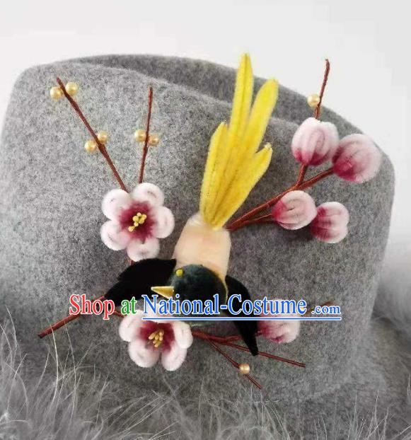 China Classical Hanfu Velvet Magpie Plum Hairpin Traditional Ancient Palace Lady Hair Stick