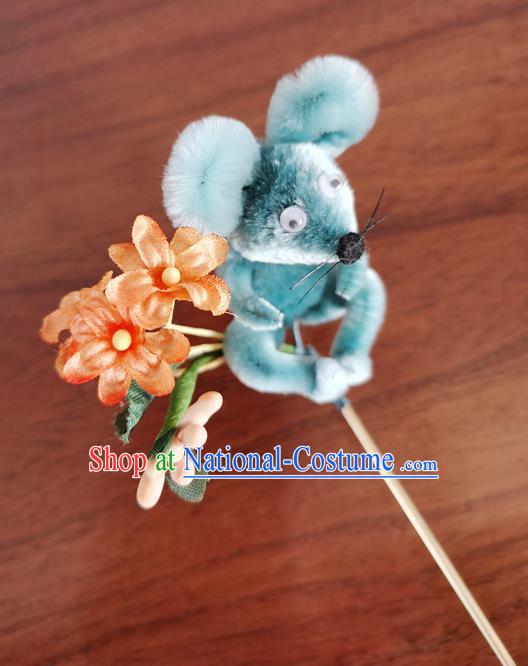 China Classical Hanfu Blue Velvet Mouse Hairpin Traditional Ancient Palace Lady Flowers Hair Stick