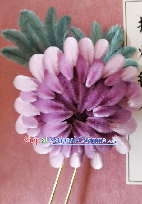 China Traditional Ancient Palace Lady Lilac Velvet Chrysanthemum Hair Stick Classical Hanfu Flowers Hairpin