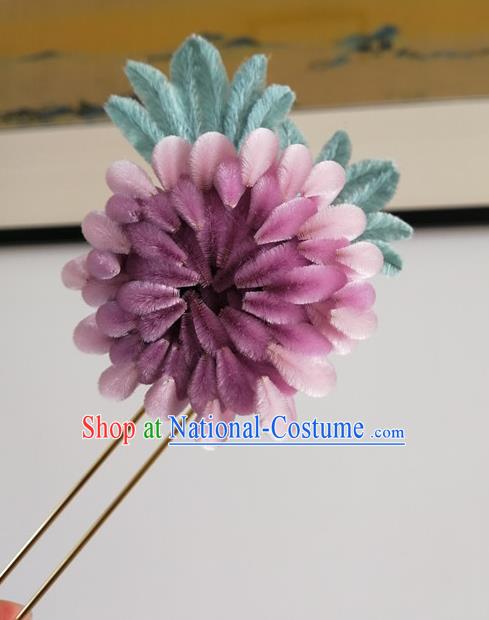 China Traditional Ancient Palace Lady Lilac Velvet Chrysanthemum Hair Stick Classical Hanfu Flowers Hairpin