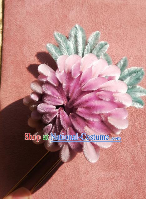 China Traditional Ancient Palace Lady Lilac Velvet Chrysanthemum Hair Stick Classical Hanfu Flowers Hairpin