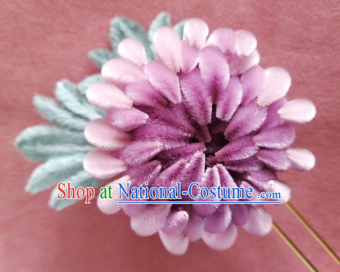 China Traditional Ancient Palace Lady Lilac Velvet Chrysanthemum Hair Stick Classical Hanfu Flowers Hairpin