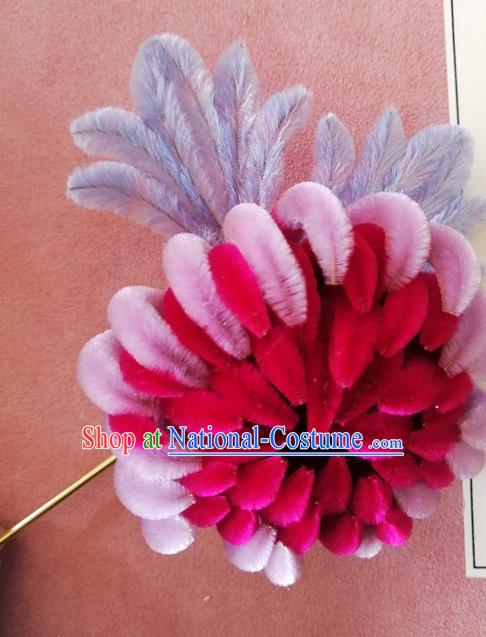 China Traditional Ancient Palace Lady Flowers Hairpin Classical Hanfu Rosy Velvet Chrysanthemum Hair Stick