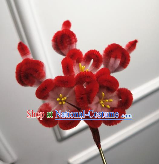 China Traditional Ancient Princess Flowers Hair Stick Classical Hanfu Red Velvet Plum Blossom Hairpin