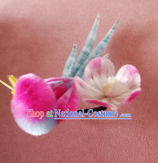 China Traditional Ancient Princess Velvet Hair Stick Classical Hanfu Rosy Magpie Plum Hairpin