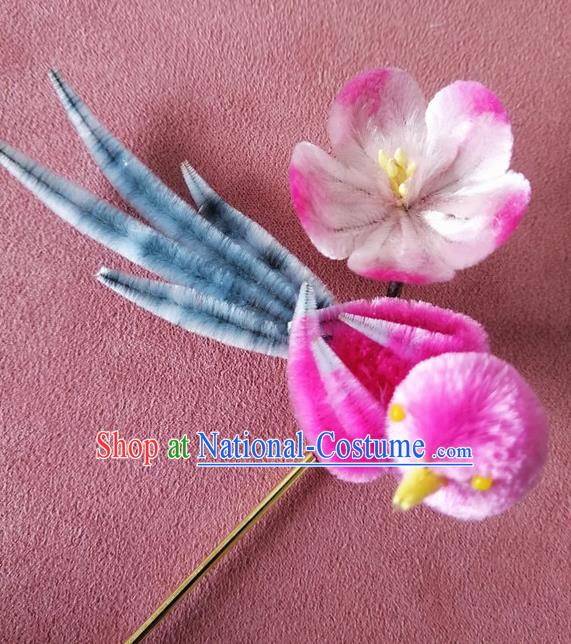 China Traditional Ancient Princess Velvet Hair Stick Classical Hanfu Rosy Magpie Plum Hairpin