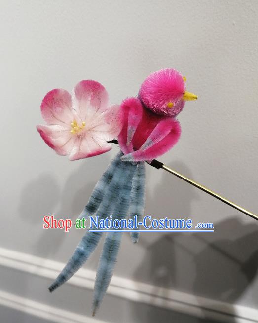 China Traditional Ancient Princess Velvet Hair Stick Classical Hanfu Rosy Magpie Plum Hairpin