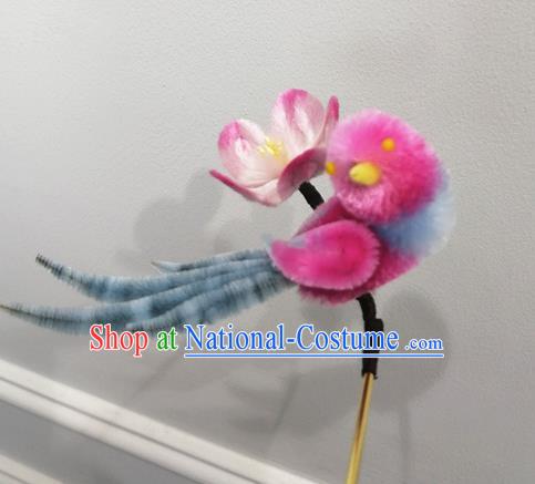 China Traditional Ancient Princess Velvet Hair Stick Classical Hanfu Rosy Magpie Plum Hairpin