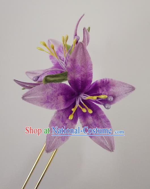 China Classical Hanfu Violet Velvet Hairpin Traditional Ancient Imperial Consort Hair Stick