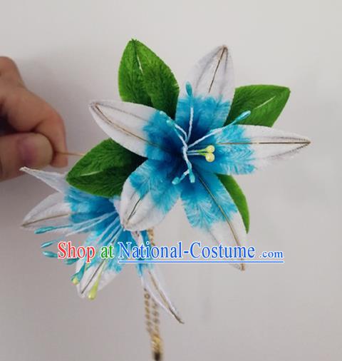 China Classical Hanfu Blue Velvet Hairpin Traditional Ancient Imperial Consort Flowers Hair Stick