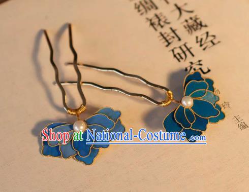 China Traditional Ancient Qing Dynasty Pearl Hair Stick Classical Hanfu Blueing Peony Hairpin