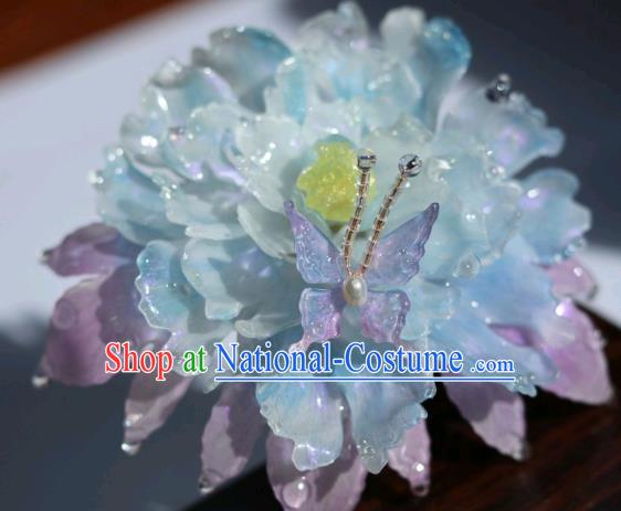 China Classical Hanfu Blue Peony Hairpin Traditional Ancient Princess Hair Stick