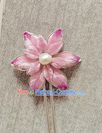 China Handmade Silver Hair Stick Traditional Hanfu Hair Accessories Classical Cheongsam Pink Velvet Lotus Hairpin