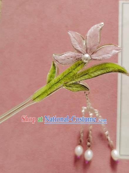 China Handmade Velvet Orchid Hair Stick Traditional Hanfu Hair Accessories Classical Cheongsam Tassel Silver Hairpin