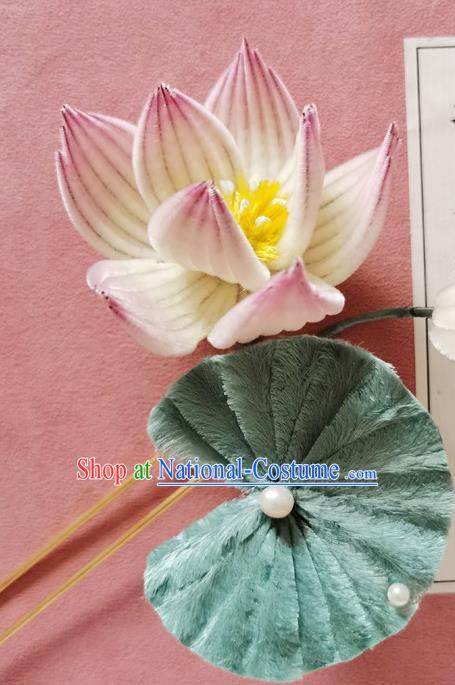 China Handmade Pink Velvet Lotus Hair Stick Traditional Hanfu Hair Accessories Classical Hairpin