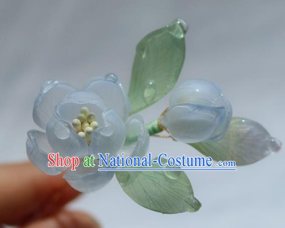 China Classical Hanfu Flowers Hairpin Traditional Ancient Ming Dynasty Princess Blue Camellia Hair Stick