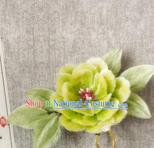 Handmade China Ancient Flower Hairpin Traditional Hanfu Hair Accessories Green Velvet Peony Hair Stick