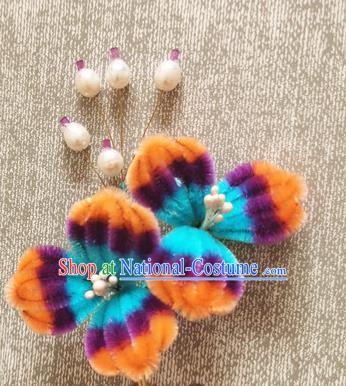 China Pearls Hair Stick Handmade Hair Accessories Traditional Velvet Flowers Hairpin