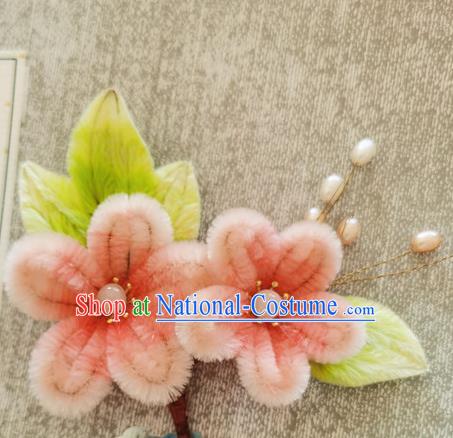 China Pink Velvet Plum Blossom Hair Stick Handmade Hair Accessories Traditional Flowers Pearls Hairpin