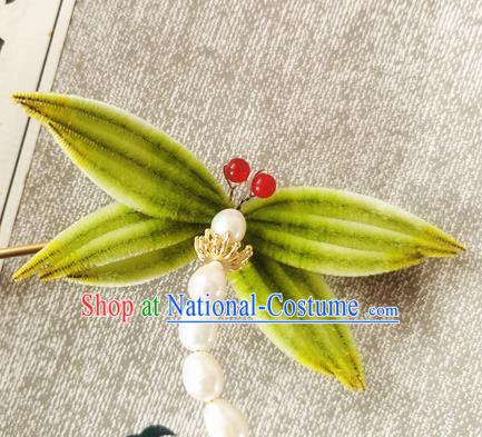 Handmade China Ancient Palace Pearls Hairpin Traditional Hanfu Hair Accessories Green Velvet Dragonfly Hair Stick