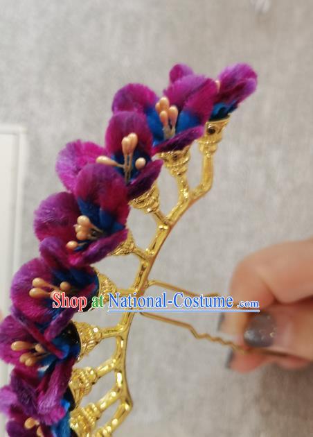 China Classical Purple Velvet Flowers Hair Stick Hair Accessories Traditional Cheongsam Handmade Hairpin