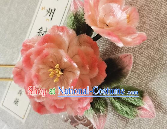 China Classical Velvet Flowers Hair Stick Handmade Hair Accessories Traditional Cheongsam Pink Peony Hairpin