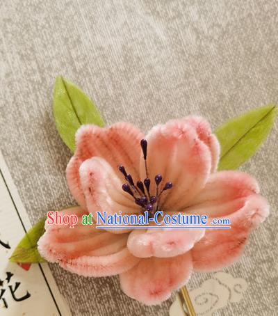 China Traditional Cheongsam Peach Blossom Hairpin Handmade Hair Accessories Classical Pink Velvet Hair Stick